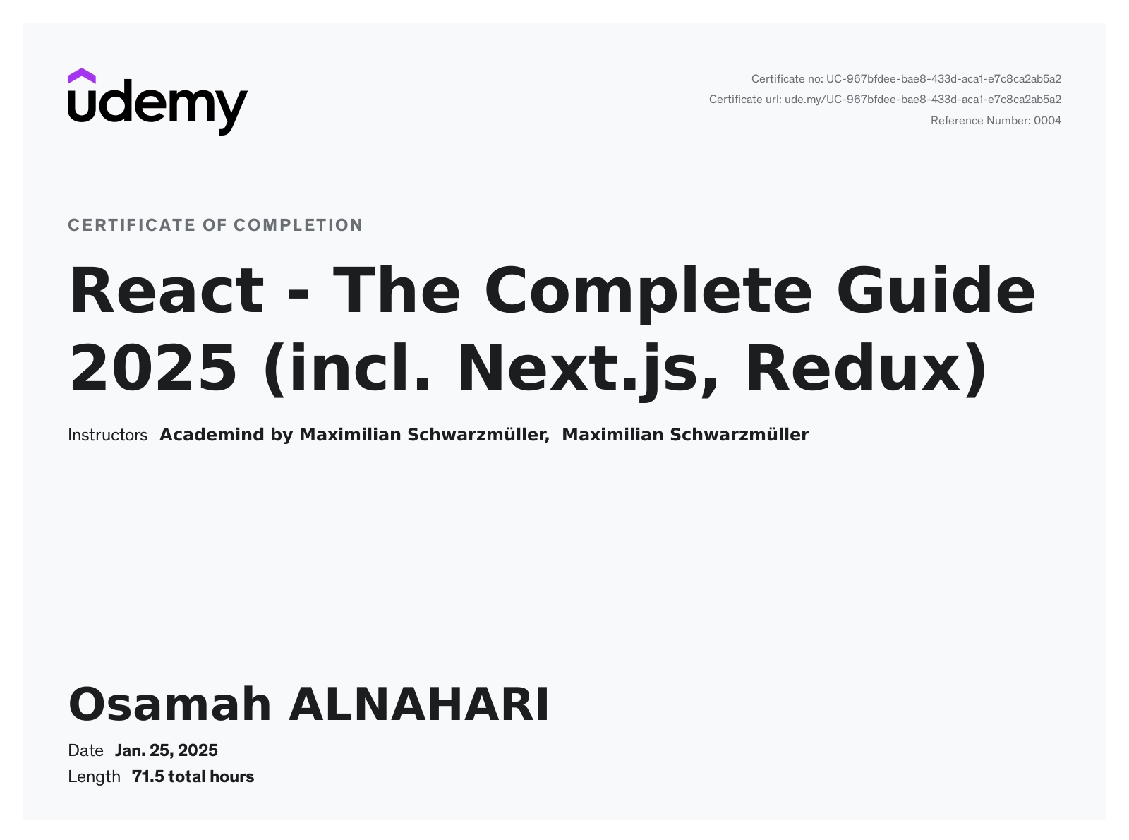 React - The Complete Guide 2025 (incl. Next.js, Redux) certificate
